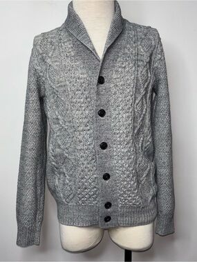 Gap Mens Shawl Collar Cable Knit Gray Button Cardigan Sweater Fisherman M Tall 8